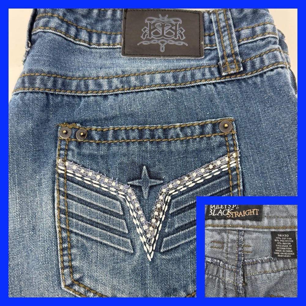 Bailey's Point Black Straight Jeans Mens 38x32 Blue Flag Embroidered Stitch
